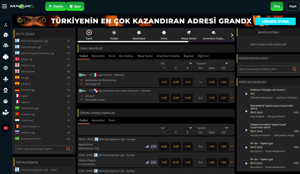 majorx bahis bölümleri